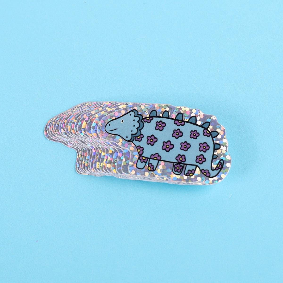 Blue flower dinosaur | Small Glitter Sticker
