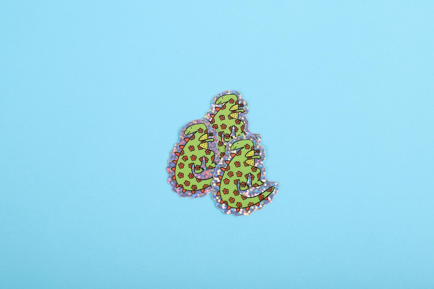 Green flower dinosaur | Small Glitter Sticker