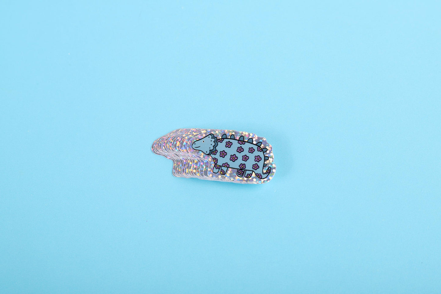 Blue flower dinosaur | Small Glitter Sticker