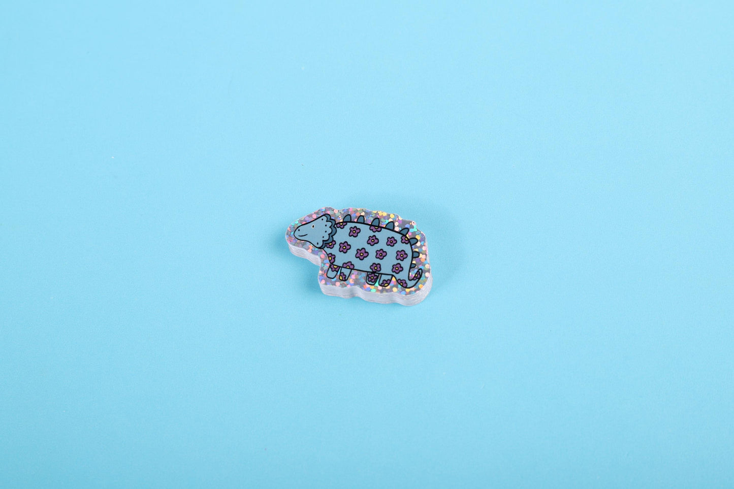 Blue flower dinosaur | Small Glitter Sticker
