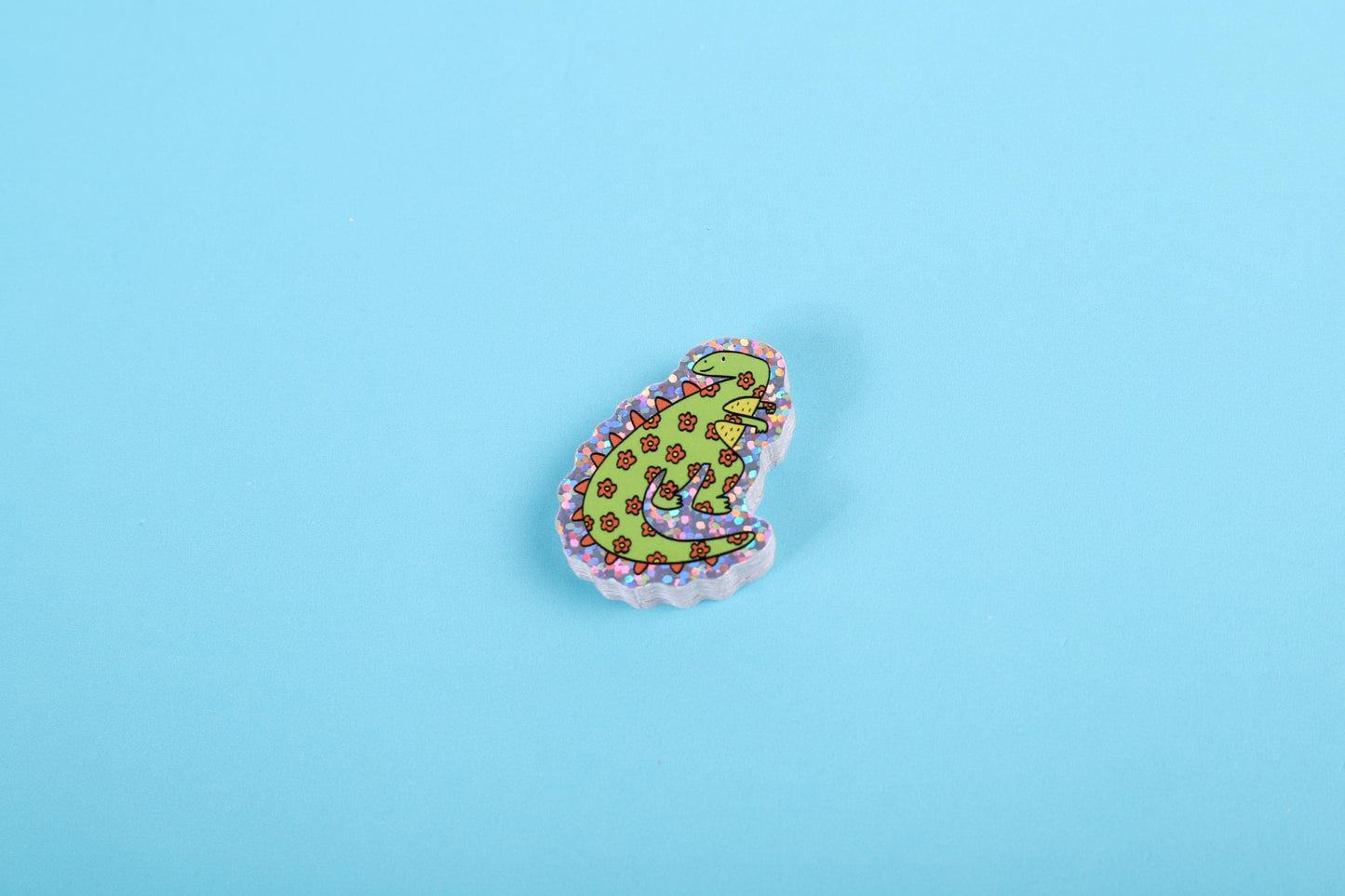 Green flower dinosaur | Small Glitter Sticker