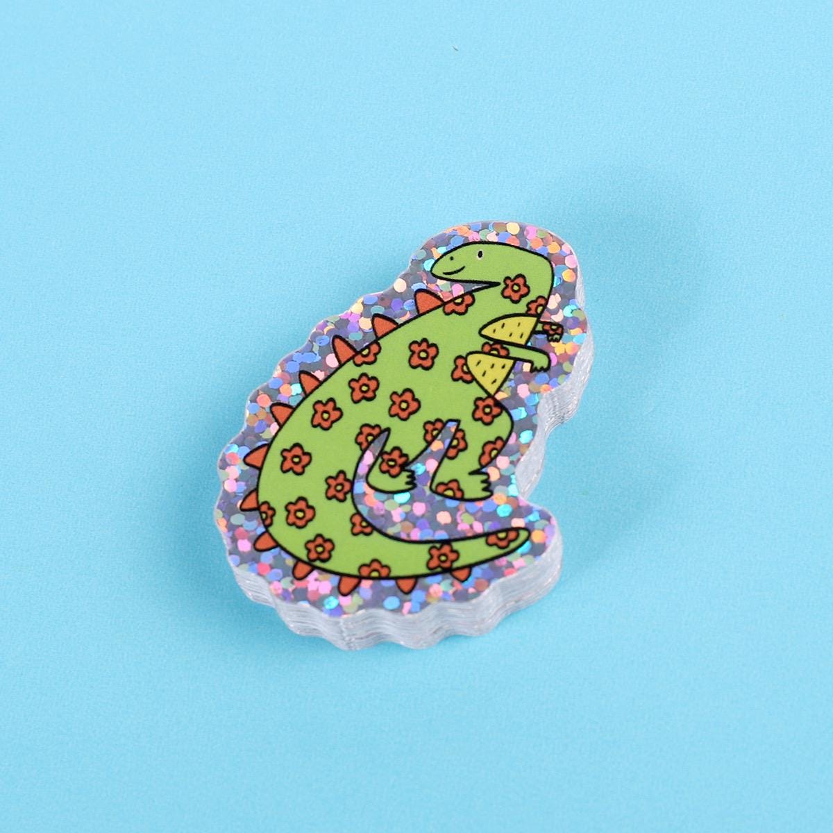 Green flower dinosaur | Small Glitter Sticker