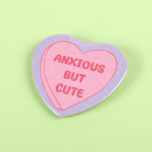 Anxious but cute | Love heart glitter pin badge
