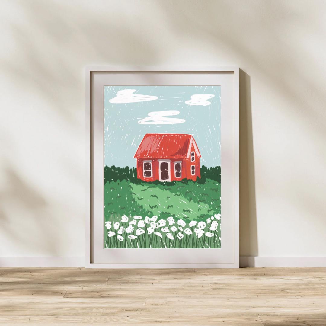 Red house on the hill | A4 Art Print