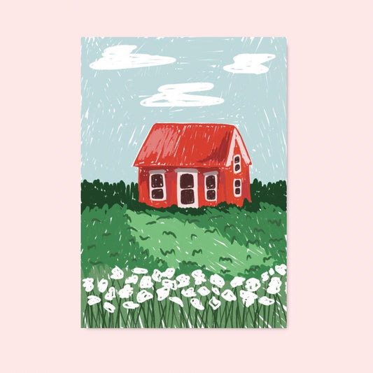 Red house on the hill | A4 Art Print