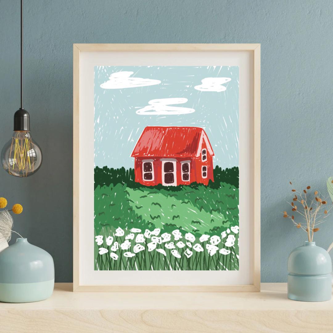 Red house on the hill | A4 Art Print