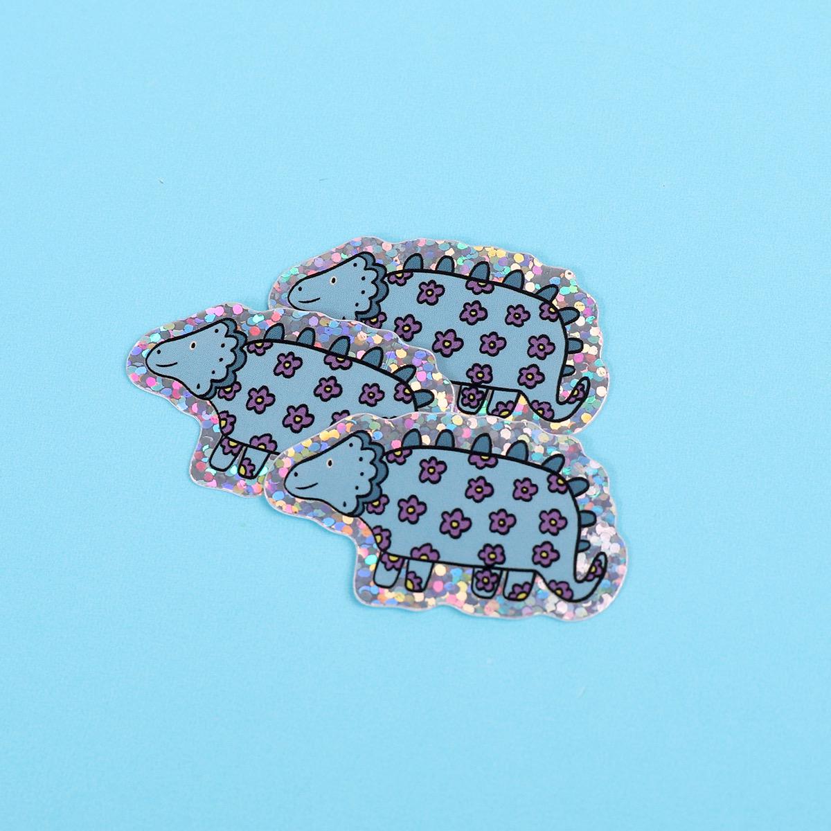Blue flower dinosaur | Small Glitter Sticker