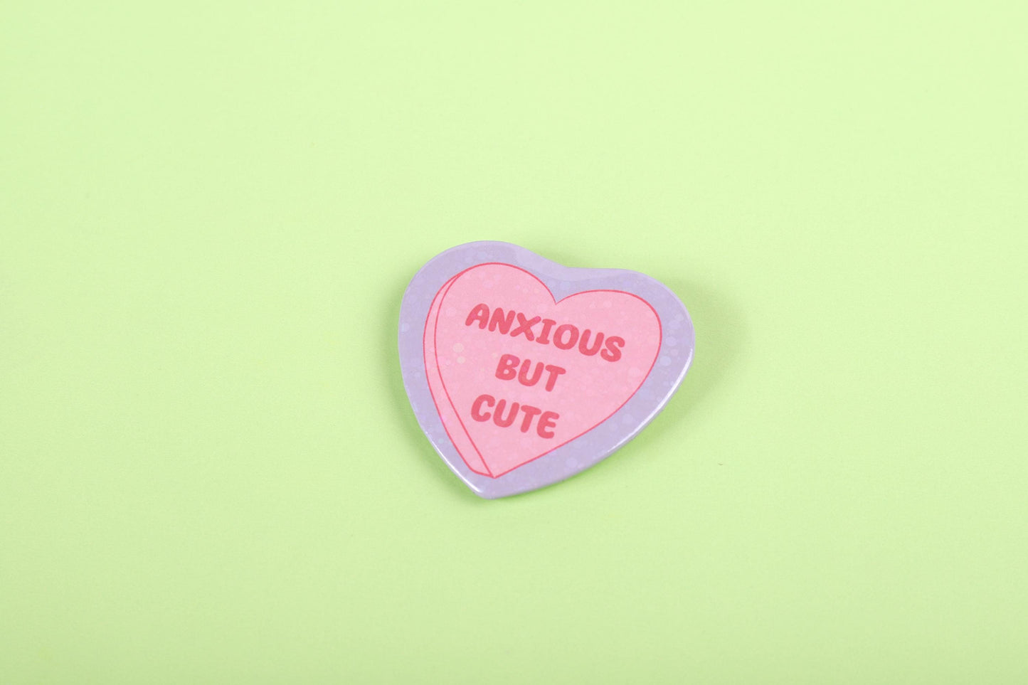 Anxious but cute | Love heart glitter pin badge