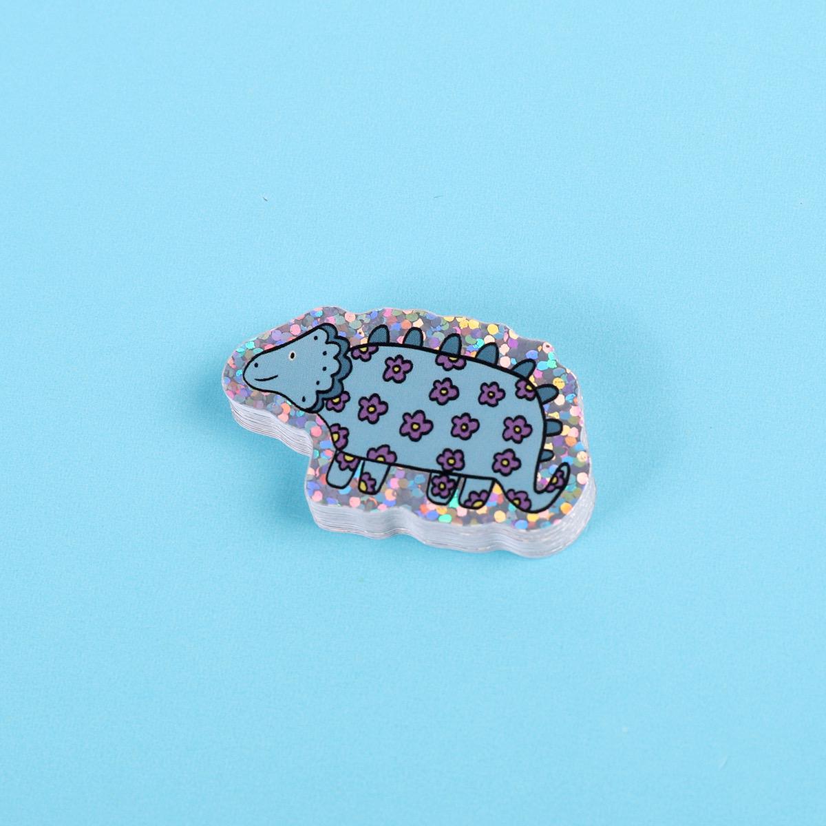 Blue flower dinosaur | Small Glitter Sticker